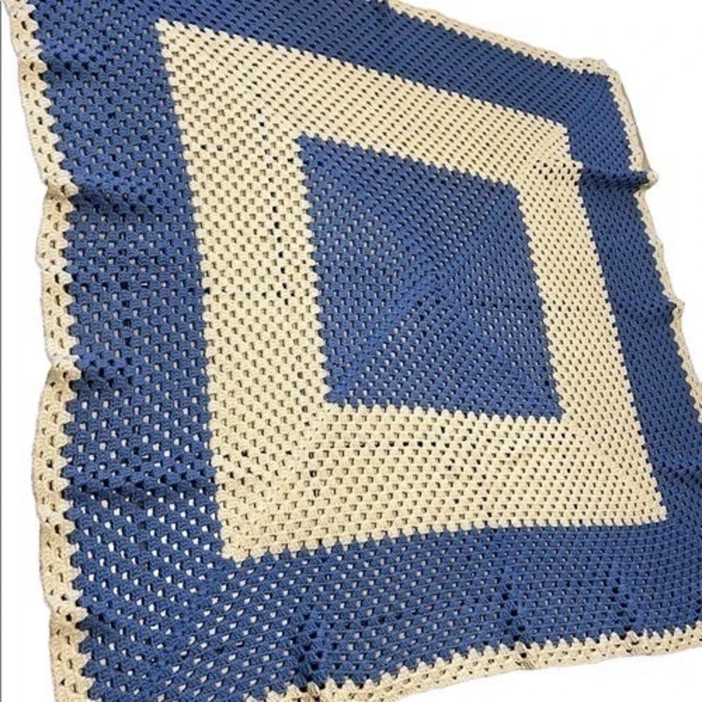 Vintage Granny Square Crochet Blanket Unisex 65x65 Blue Beige Excellent Afghan